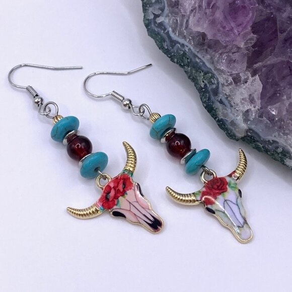 Longhorn Cattle Cow Charms Turquoise Garnet Glass Beads Handmade Earrings LR136 - Picture 3 of 4